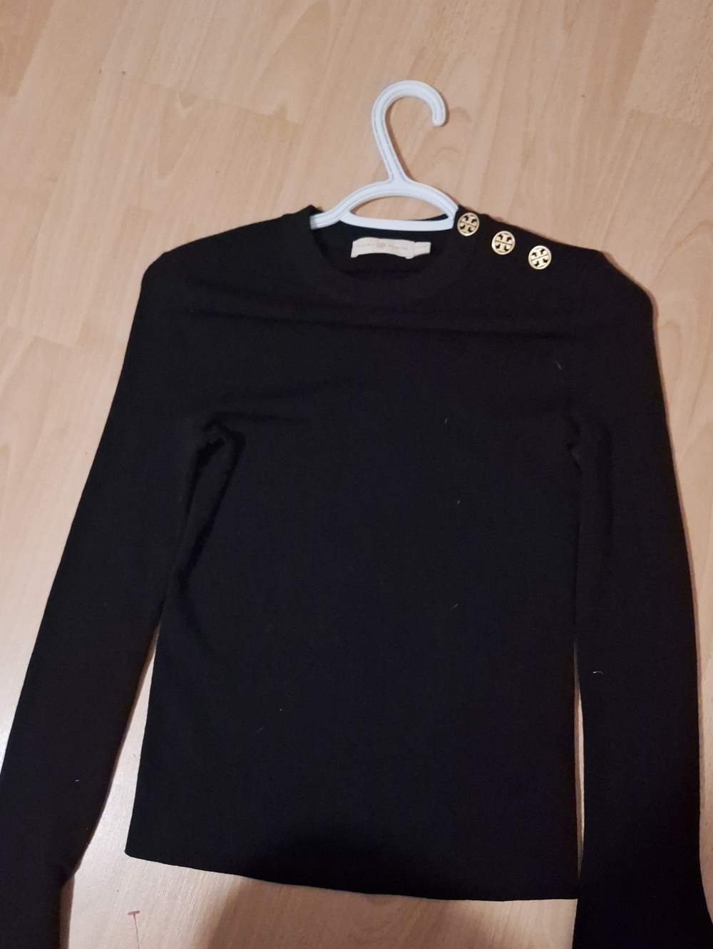 Tory Burch Black Knit Top with Gold Logo Shoulder Buttons